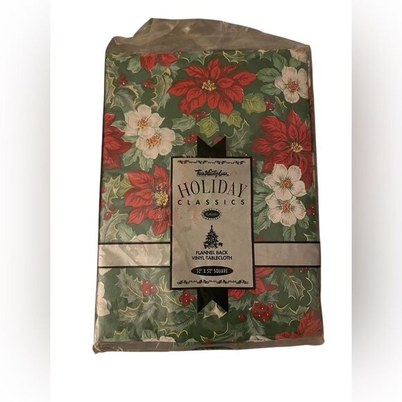 NIB Vintage Poinsettia Vinyl Holiday Tablecloth, 52x52” square - Picture 1 of 2